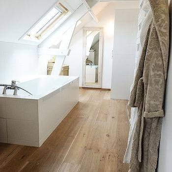 Attic Bathroom Ideas Sloped Ceiling Transparent Glass Shower Door Small Round Pivoted Mirror White Wooden Toiletries Cabinet With Windowed Doors Gray