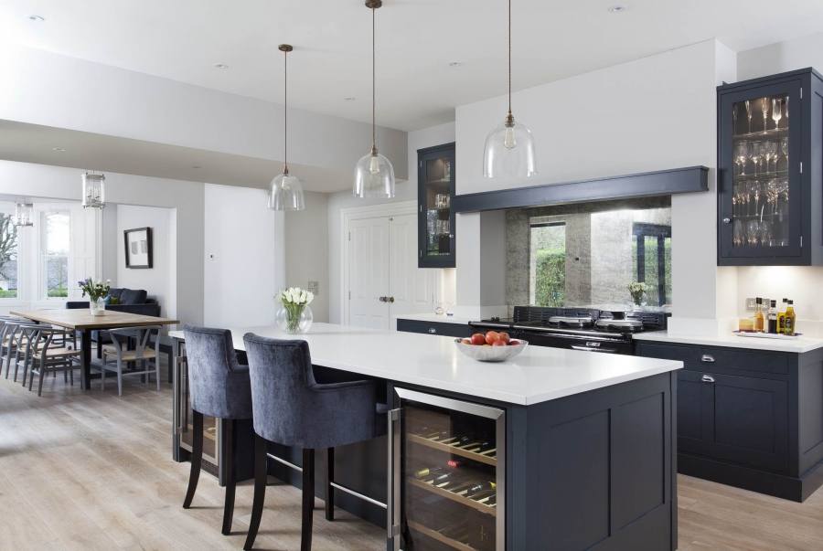 Painted grey kitchen with walnut work surfaces, Co